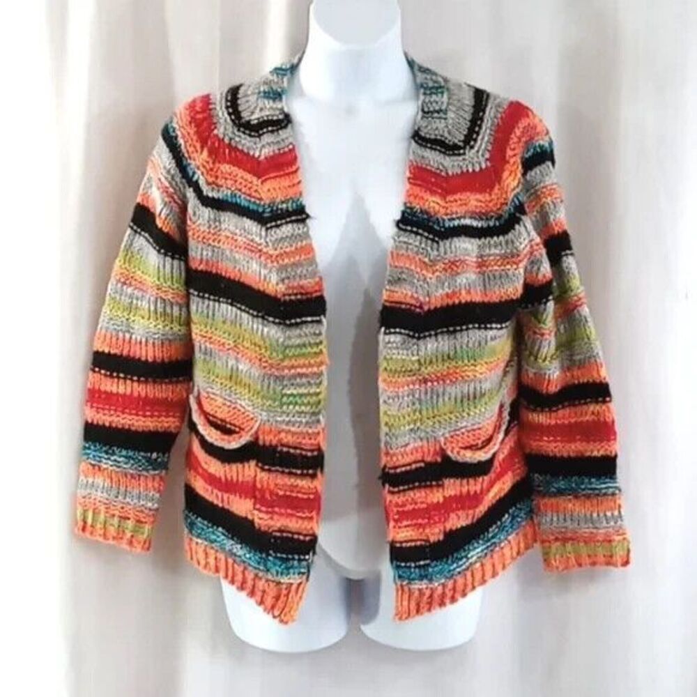 NORACORA Cardigan women's XL wool striped Y2K colorful open front pockets boho